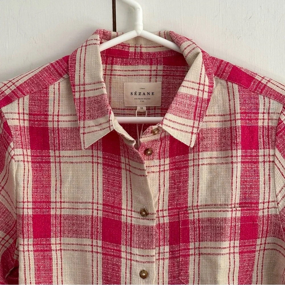 Sezane Tomboy Button-Up Shirt Plaid Pink White Maxi Check Sz 6 NWT Linen Blend - Picture 6 of 11